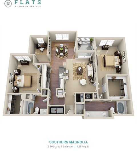 Floor plan for 2 beds, 2 baths, 1395 sqft